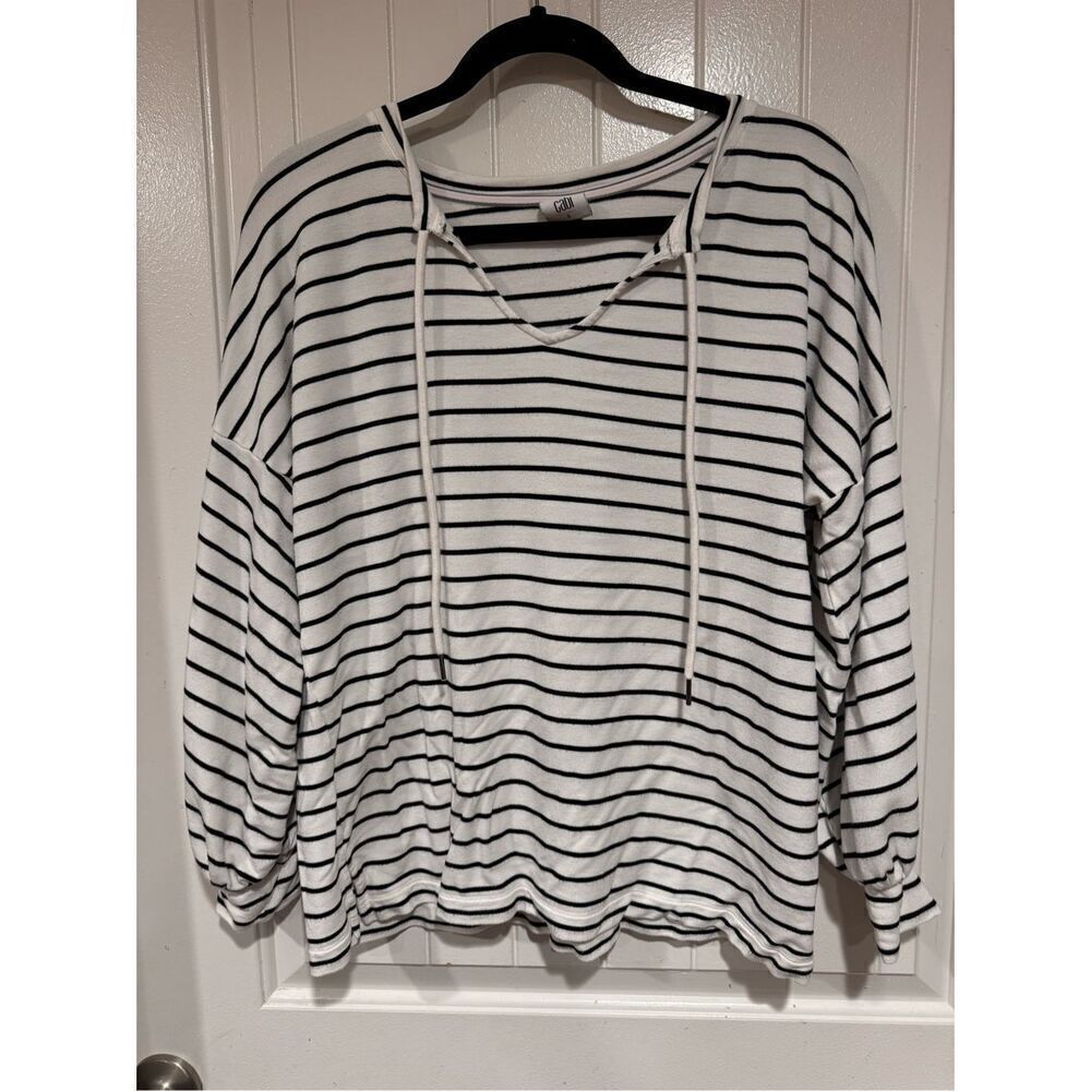 Cabi #5746 Small Relax Game Day Tie Neck Striped Sweatshirt Top